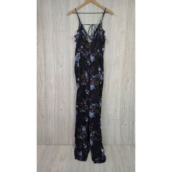 American Eagle Outfitters Women Small Long Faux Wrap Floral Print Jumpsuit Black - Picture 3 of 8